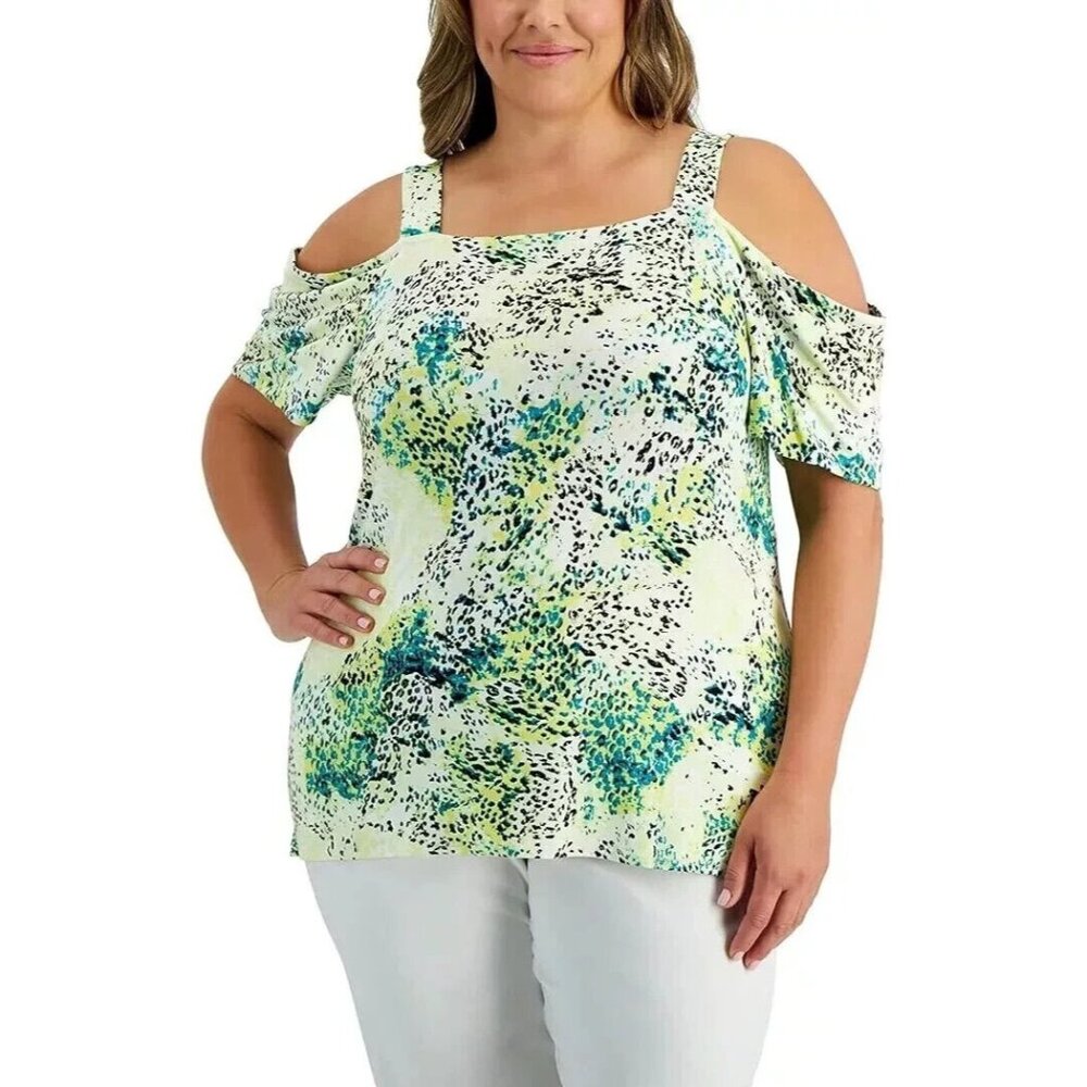 JM Collection Women's Plus Size 3X Cheetah Print Cold Shoulder Top MLTZ5773AFA